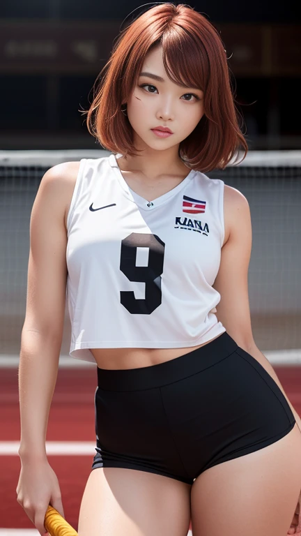 (masterpiece:1.2,Highest quality,Ultra-high resolution,Very detailed:1.2),((Volleyball Player))，(Photorealistic Stick:1.5),(RAW Photos:1.5),Elaborate photos,8k,((Sweaty 1.5)),Cinema Lighting,((Shiny skin 1.5)),(Sophisticated lighting:1.2),((Red Hair 1.4)),(1 female),(Young Japanese Woman),(bevel:1.4),(Short Bob:1.4),(Before a volleyball match),(Red Sleeveless Pichi Pichi 1.2),(Black shorts),(Thick thighs 1.2),(beautiful Face,Detailed face,,beautiful Eyes,beautiful Eyes,beautiful Skin,Skin Texture:1.3),(sexy),(beautiful),(Idol&#39;s face),(Japanese_Sweaty),(Gymnasium background:1.5),（Volleyball court）