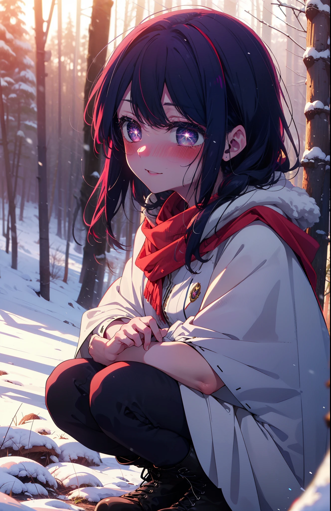 aihoshino, Ai Hoshino, Long Hair, bangs, (Purple eyes:1.1), Purple Hair, (Symbol-shaped pupil:1.5), smile,,smile,blush,white breath,
Open your mouth,snow,Ground bonfire, Outdoor, boots, snowing, From the side, wood, suitcase, Cape, Blurred, , forest, White handbag, nature, Squat, Mouth closed, Cape, winter, Written boundary depth, Black shoes, red Cape break looking at viewer, Upper Body, whole body, break Outdoor, forest, nature, break (masterpiece:1.2), Highest quality, High resolution, unity 8k wallpaper, (shape:0.8), (Beautiful and beautiful eyes:1.6), Highly detailed face, Perfect lighting, Highly detailed CG, (Perfect hands, Perfect Anatomy),