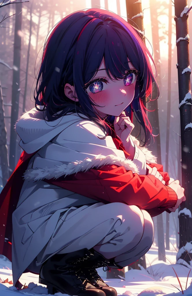 aihoshino, Ai Hoshino, Long Hair, bangs, (Purple eyes:1.1), Purple Hair, (Symbol-shaped pupil:1.5), smile,,smile,blush,white breath,
Open your mouth,snow,Ground bonfire, Outdoor, boots, snowing, From the side, wood, suitcase, Cape, Blurred, , forest, White handbag, nature, Squat, Mouth closed, Cape, winter, Written boundary depth, Black shoes, red Cape break looking at viewer, Upper Body, whole body, break Outdoor, forest, nature, break (masterpiece:1.2), Highest quality, High resolution, unity 8k wallpaper, (shape:0.8), (Beautiful and beautiful eyes:1.6), Highly detailed face, Perfect lighting, Highly detailed CG, (Perfect hands, Perfect Anatomy),