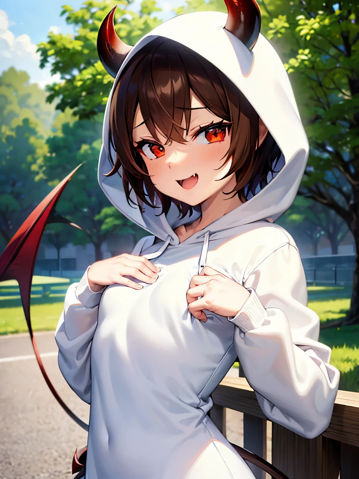 (SFW:1.5),(small breasts:1.3),beautiful, masterpiece, Highest quality, anime,(1athletic female:1.5), (alone:1.5), look at viewer, Intricate details, (Shining Eyes:1.3),(Beautifully detailed eyes:1.1),(Eyes are bright red:1.5),(short hair:1.5),(sidelocks:1.4),(Demon horns on head:1.5),(Brown Hair:1.5), (slant eyes), Cheerful eyes,(Mouth wide open and fangs:1.3),(White hoodie dress:1.5),(Sharp focus:1.2),from front,light smile,(upper body),aggressive,(White hood:1.3),(embarrassed),hand on own chest,
