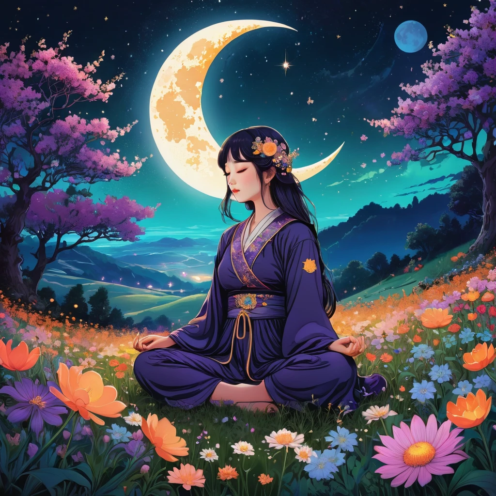 illustration of a  sitting in a field of flowers with a crescent, flower田里, serene illustration, moon, Juster Battle, flower, meditation, 坐在moon上, Wearing psychedelic witchcraft, psychedelic aesthetic, psychedelic illustration, illustration!, A quiet night. digital illustration, meditation姿势, ✨🕌🌙, Beautifully depicted