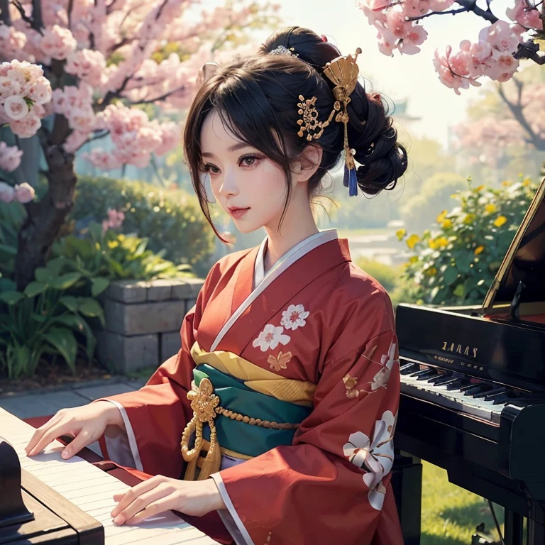 Create an illustration of an anime-style character who is sitting at a grand piano, playing the keys. The character should be positioned so that their side profile is visible, clearly showing them engaged with the piano. The character should be wearing a colorful and vibrant furisode (a type of traditional long-sleeved kimono). The color palette should be bright and pop, creating an energetic and cheerful atmosphere. Additionally, the character’s hairstyle should be styled in an oiran (traditional courtesan) fashion, which typically includes elaborate hair ornaments and a sophisticated updo. Ensure that the character’s hands are accurately and naturally positioned on the piano keys, with detailed and proportionate fingers. The character’s eyes should be expressive and well-aligned, reflecting joy and immersion in the music. The overall image should exude a lively and dynamic vibe. The background can complement the character with equally vivid and playful colors, perhaps including musical notes or other elements that emphasize the musical theme. This illustration should be eye-catching and full of life, capturing the essence of a vibrant and engaging scene.just 1 girl.anime style.japanese