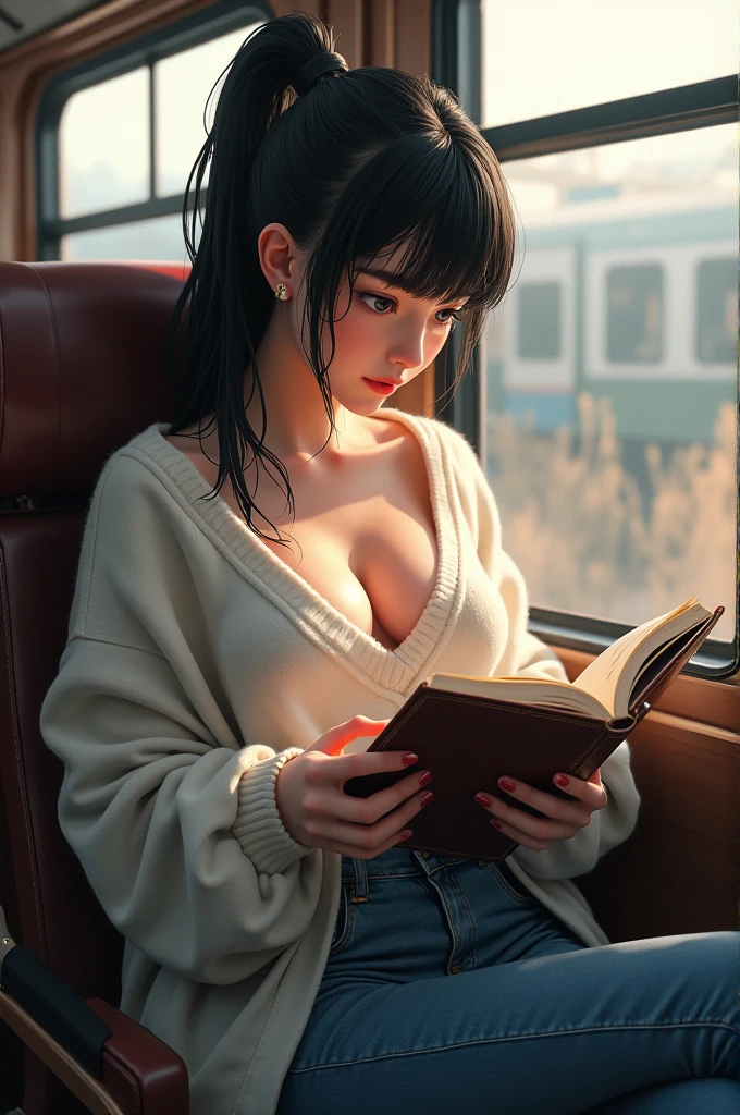 score_9, score_8_up, score_7_up, score_6_up, score_5_up, score_4_up,  1girl,  white whool pullover, blond fringed hair, wet ponytail,  gorgeous girl, cute face, bangs, large saggy breasts, (holding book with one hand), (slim fit), pose, boob focus, closeup, boobs squeezed together, sit in a train, train cabin, train window background, high waist jeans pants, (jeans pants), (((touching crotch))), cleavage, ((reading)), black hair, legs apart, ((wet crotch)),