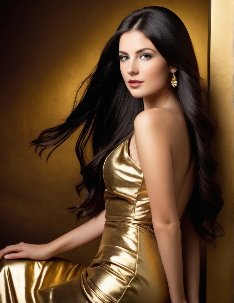 Very attractive 25 year old caucasian female with very long dark hair, wearing a gold dress, photo quality