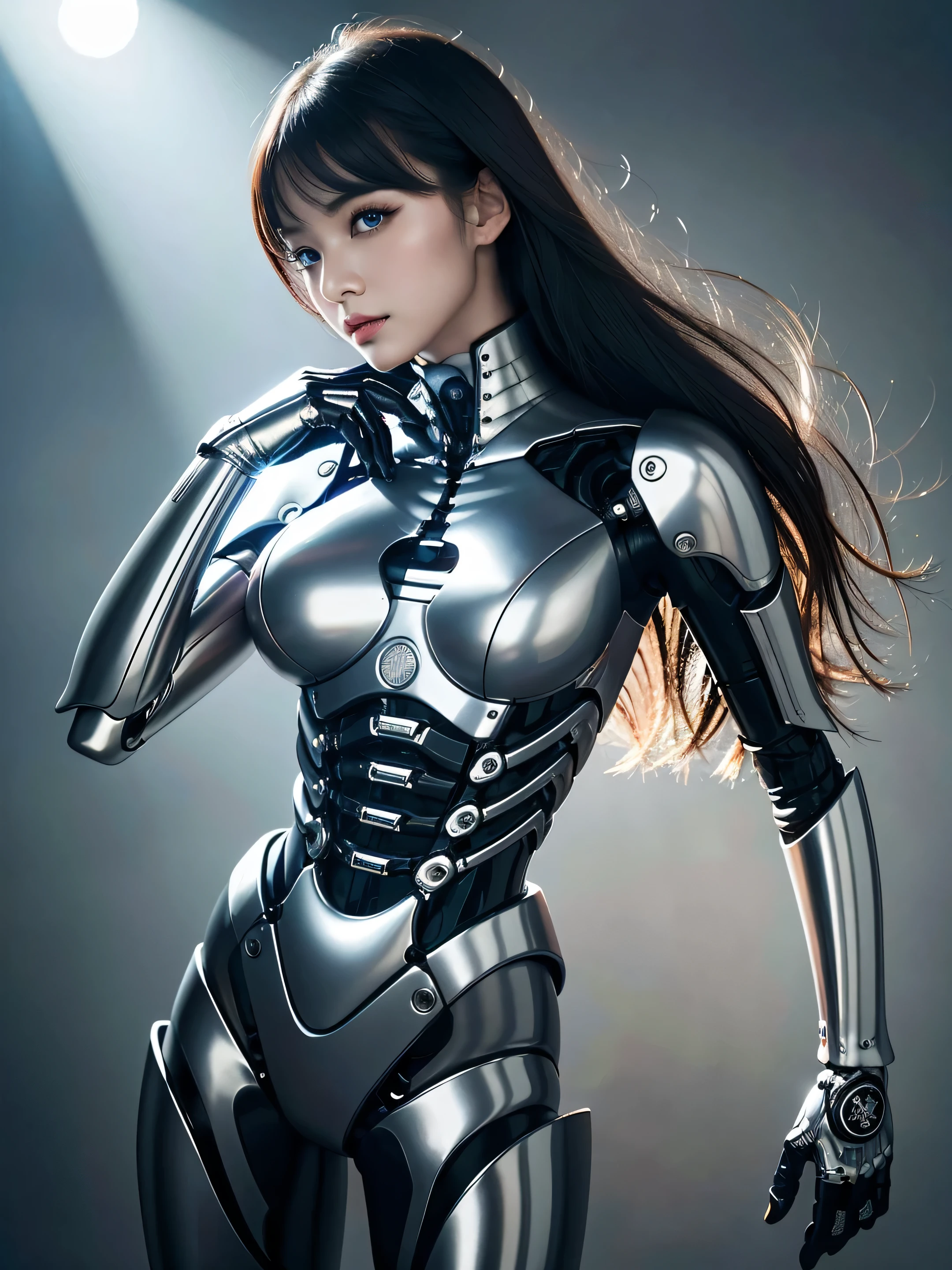 Highest quality、masterpiece、超A high resolution、(Photorealistic:1.4)、((Full body portrait:1.2)) 、Raw photo、1 girl、 Beautiful girls、metals Robot、露出したmetals骨格、metals Mecha Chest、Full Body metalsスキン、全身を覆うmetalsの鱗、metals製のボディ、Full Body metals、Beautiful girls、Prosthetic arm、Prosthetic limbs、Full Body Cyborg、露出したmetals骨格、cyber punk、Steampunk、Super sharp、Huge breasts 、Bare skin exposed in the cleavage、metals、Intricate decorative details、Very intricate detail、Blue eyes、Shining Eyes、A ray of light enters my eyes、To the camera、Mechanical Limbs、Mechanical vertebrae attached to the back of the blood vessels connected to the tubes、Cervical vertebrae mechanically attached to the neck、Wires and cables connecting to the head、Small LED Lamp、Anatomical、Facial muscles、Cable Wire Microchip、elegant、Beautiful background、Octane Rendering、HR giger style、Shiny silver beads、Esbian all over body、Future City、Research Room、Beautiful studio soft light、Rim Light、Vivid details、Official Art、Highly detailed CG unity 8k wallpaper、absurdes、Unbelievably absurd、Ruined skyscrapers:1.2　Vivid morning sun:1.2、The few green leaves remaining on the roadside turn red and burnt.:1.2、Reminiscent of yesterday&#39;s horror　Broken Building　Building Buildings、Rolling concrete rubble 1.2　、A soft light in it:1.2、Rising white smog;1.1