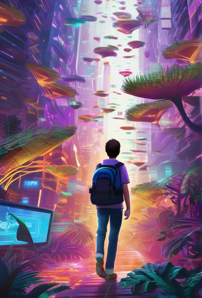 A vibrant, futuristic scene with digital ferns everywhere and a young person with a book in hand and a backpack on his back approaching a distant place, a symbol of a shiny currency, surrounded by blurry and fast-moving digital data streams, symbolizing urgency and fear of missing out.