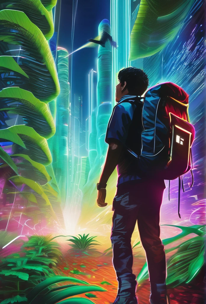 A vibrant, futuristic scene with digital ferns everywhere and a young person with a book in hand and a backpack on his back approaching a distant place, a symbol of a shiny currency, surrounded by blurry and fast-moving digital data streams, symbolizing urgency and fear of missing out.