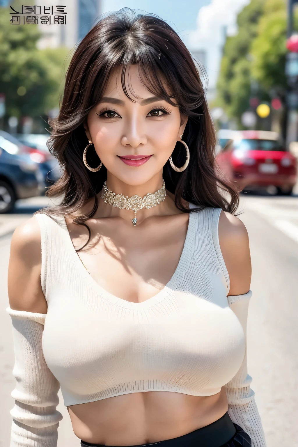 75 years old　mom　milf　Korean, Lady　large earring　Big choker　navel piercing decoration　A bracelet　Silver Hair　realisitic　Gorgeous Madame Beautiful Mature Woman　sexly　Smile　Gentle woman navel piercing　４K　High quality gorgeous madam beautiful mature woman