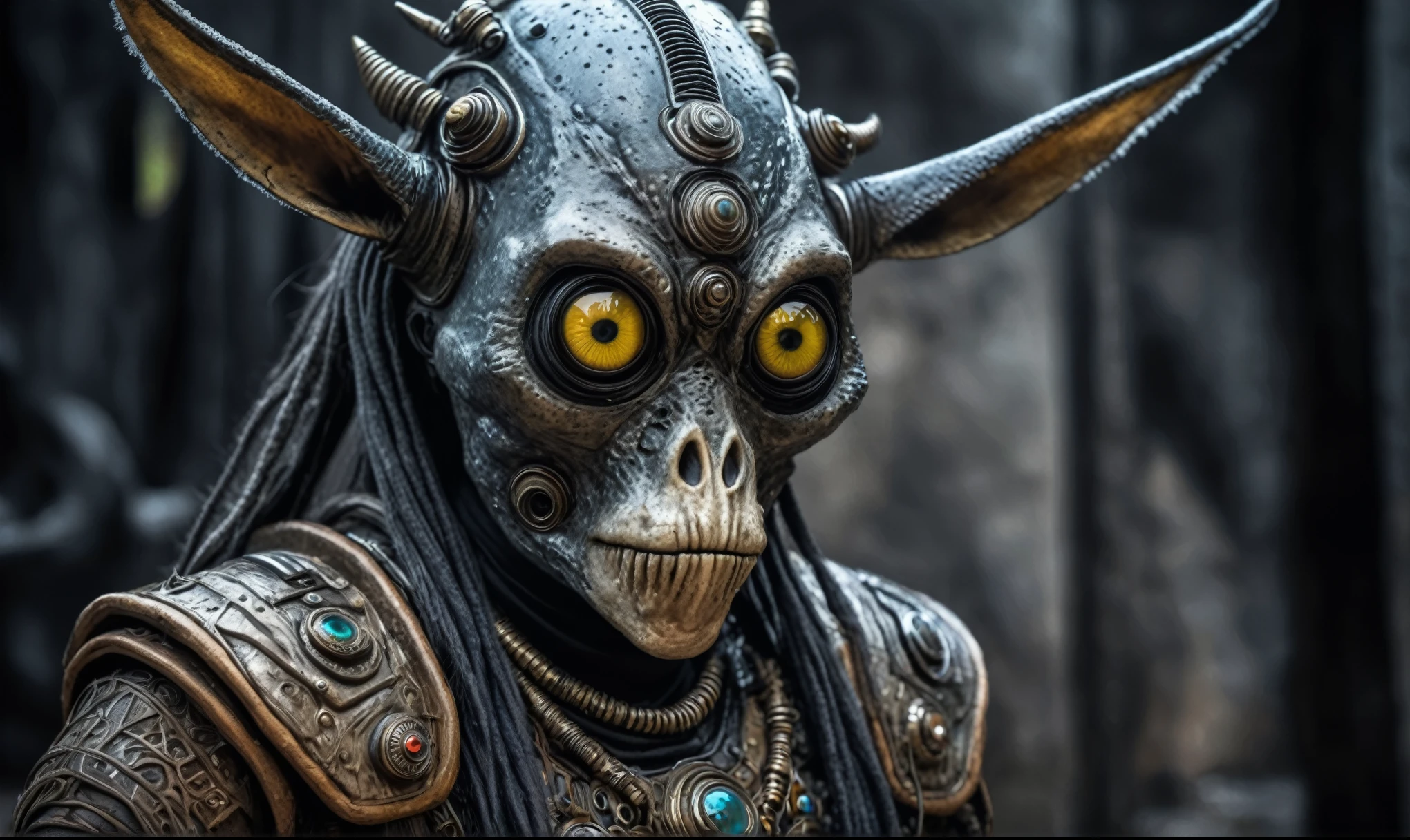 full body length shot,nerd graphite  Alien Entity,native africa slave ,azctec Finnish Lapland,Cinematic,soft colors, Technicolor,natural skin textures, hyper realism, hyper detailed,Extremely detailed,High contrast,Masterpiece,Realistic,Ultra Detailed, intricate details,realistic humid leather,extremely intricate details,Epic Realistic, cinematic style, irina yermolova,high contrast,hdr,extremely detailed,day landscape,masterpiece, intricate details, eyes extremely detailed, high detailed eyes,8k resolution,retina, Nikon Z9,Korea,orc,Egypt, Pisces, transition between two art styles,full body length, Double contact, X-ray, Creative, vivid light, fantasy, Abstract, Surrealism, super detailed, high resolution,insanity national folk wear,skin  almost translucent, gothic elements,Mestichino,Light particles,chaos,starfish's leather,"(The best lighting, dark, dramatic),(Persian alien donkey half-skull fetus, Hellraiser, Scars, , psy brain,terror.),(fish eyes, A Modern flat toon Crazy whit a Big ONE a Only Eye Robot USSR , and helmet Style, tongs in hands, Tv head, pinhead, camouflage Yellow White Pink Rusty, Ambient in a meteorite crater super detailed