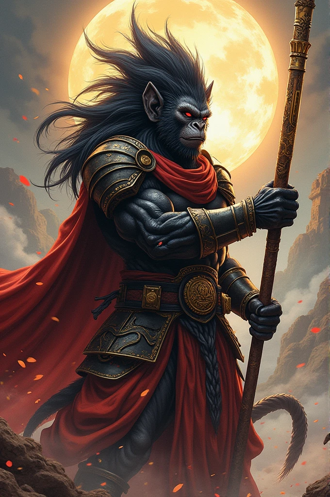 Black myth Goku style,Full of tension,Movie quality,Black monkey in armor,Hold a golden hoop stick,Power-Breaking Giant Spirit God,The background is the atmospheric Tiangong,The style is magnificent,There is ink,With operation and maintenance,