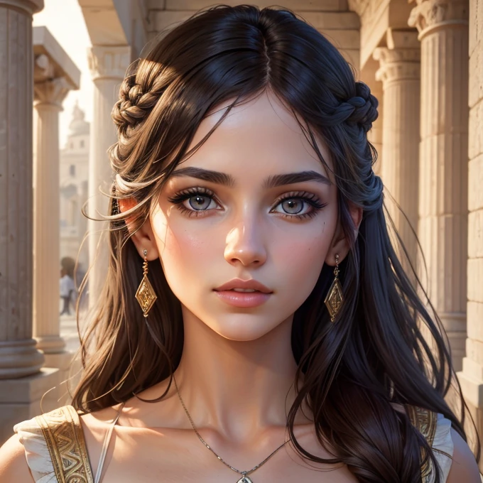 detailed portrait of a young greek woman, beautiful detailed eyes, beautiful detailed lips, extremely detailed face, longeyelashes, elegant greek dress, entering an ancient greek temple, intricate architectural details, sunlight streaming through columns, (best quality,4k,8k,highres,masterpiece:1.2),ultra-detailed,(realistic,photorealistic,photo-realistic:1.37),concept art, dramatic lighting, warm color tones