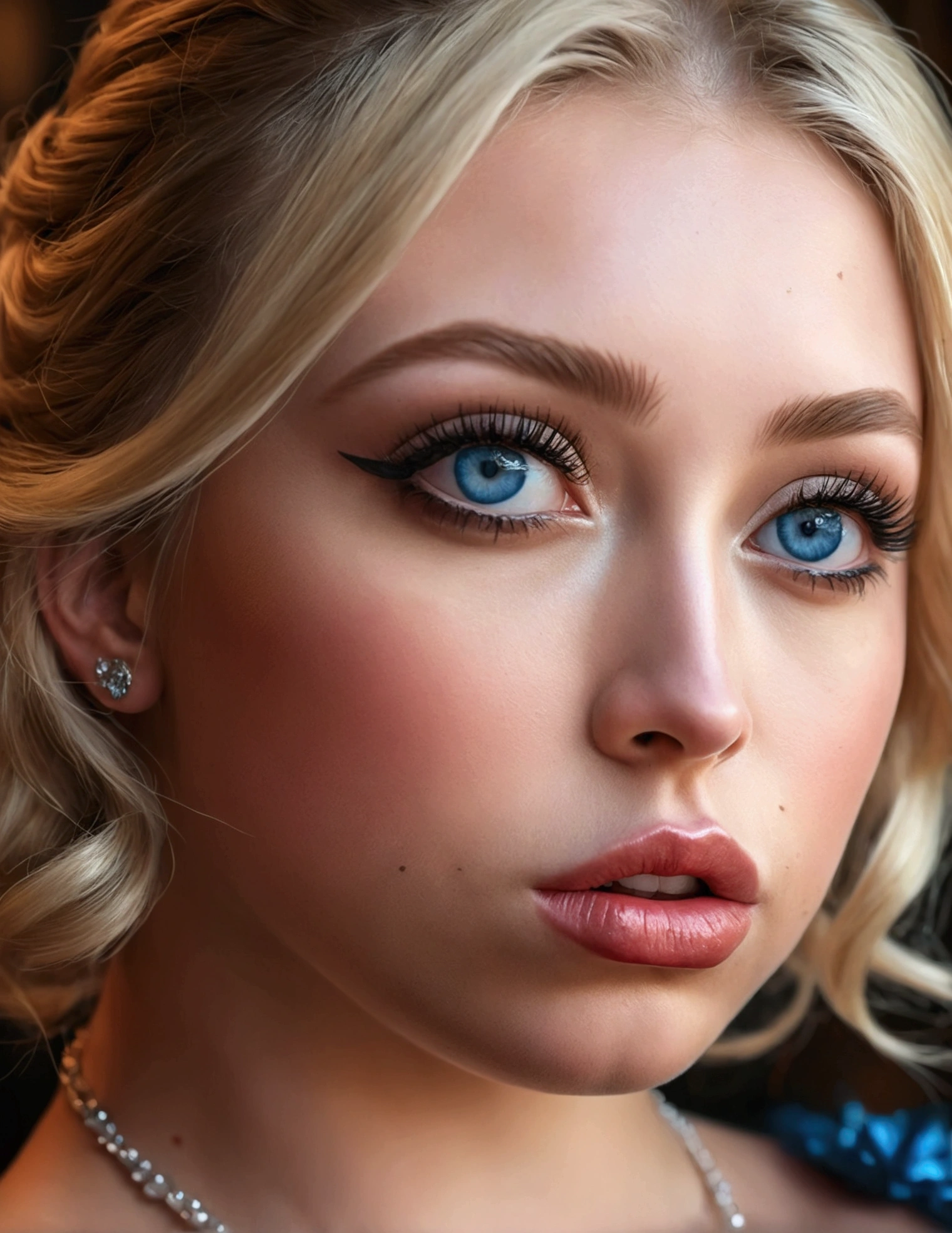 beautiful detailed eyes, beautiful detailed nose, beautiful detailed lips, 1girl, blonde hair, blue eyes, tattoos, extravagant dress, chubby, (best quality,4k,8k,highres,masterpiece:1.2),ultra-detailed,(realistic,photorealistic,photo-realistic:1.37),oil painting, high fashion, elegant, dramatic lighting, vivid colors, glamorous