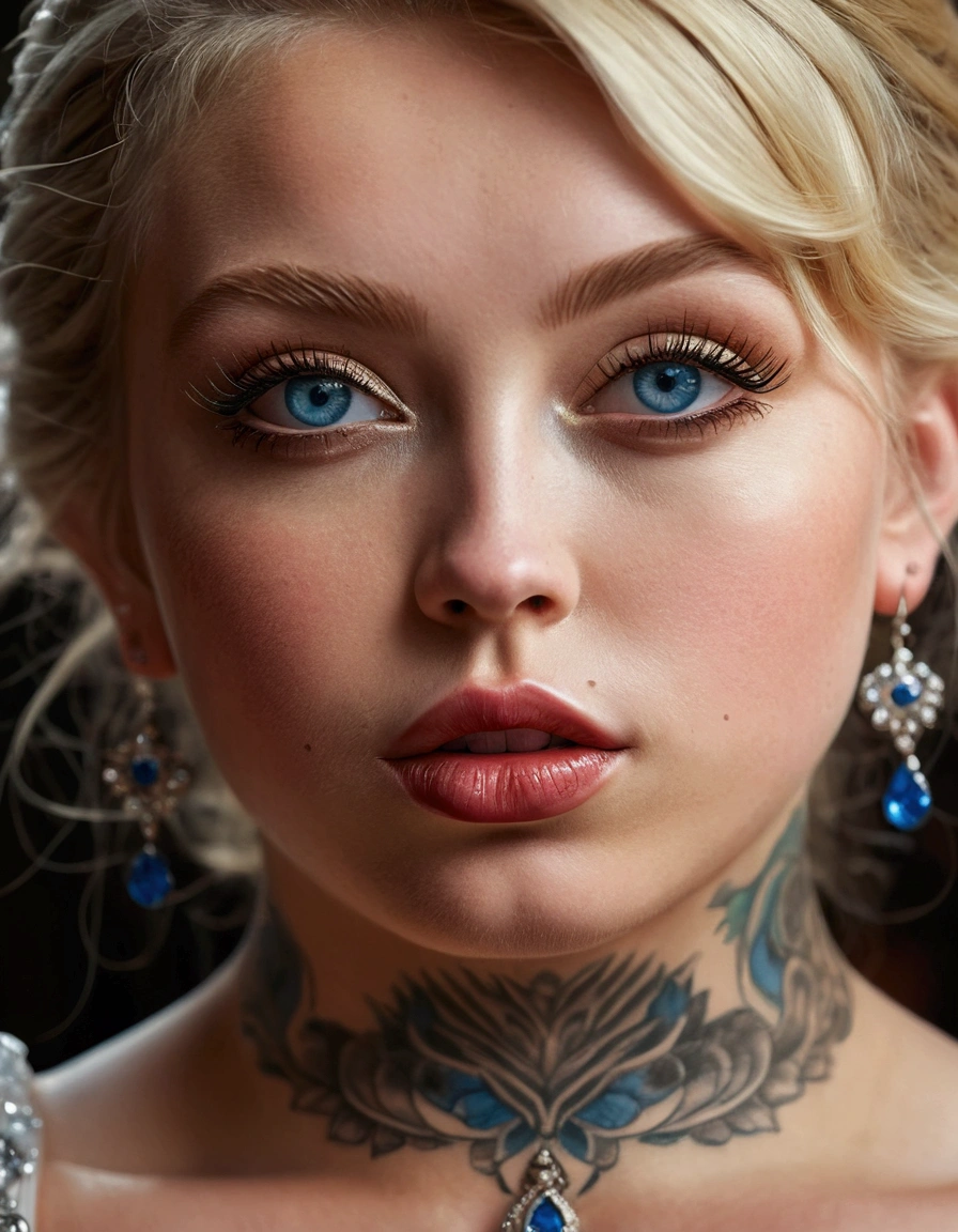 beautiful detailed eyes, beautiful detailed nose, beautiful detailed lips, 1girl, blonde hair, blue eyes, tattoos, extravagant dress, chubby, (best quality,4k,8k,highres,masterpiece:1.2),ultra-detailed,(realistic,photorealistic,photo-realistic:1.37),oil painting, high fashion, elegant, dramatic lighting, vivid colors, glamorous