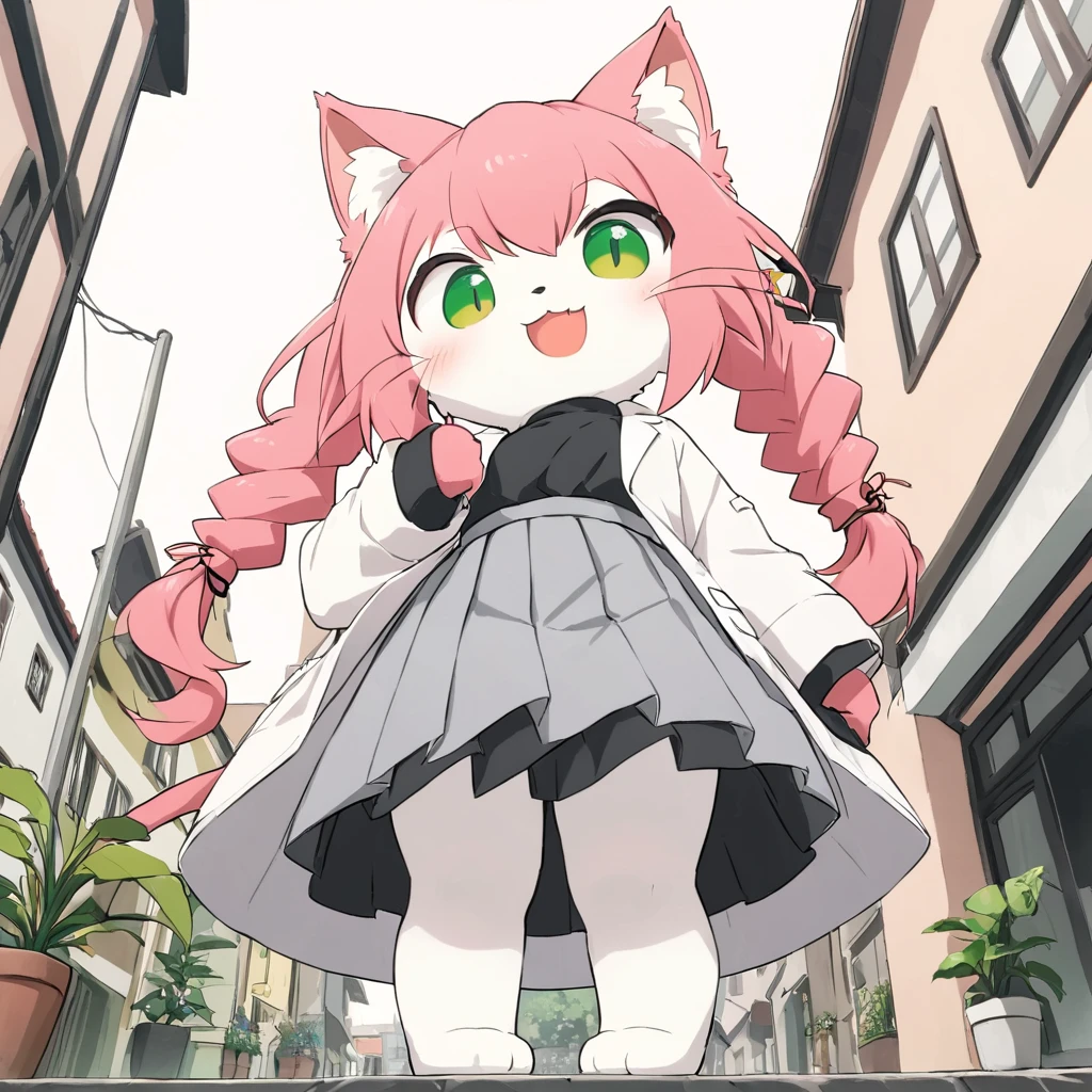 score_9, score_8_up, score_7_up, score_6_up, source_anime,source_furry,rating_safe,rating_questionable,masterpiece, best quality, perfect anatomy , very aesthetic , absurdres  ,solo,1girl\(cute,smile,standing,furry,kemono,cute dress\),at town,plants,isometric view,(from below:1.5),(ground level shot:1.5),(from directly below:1.5),long shot,wide shot,(chibi:0.1),neko_hakase,pink hair,full body,pigtail,tail,two_hands,cat pad,two_black_feets,white_clothing,skirt,grey_skirt