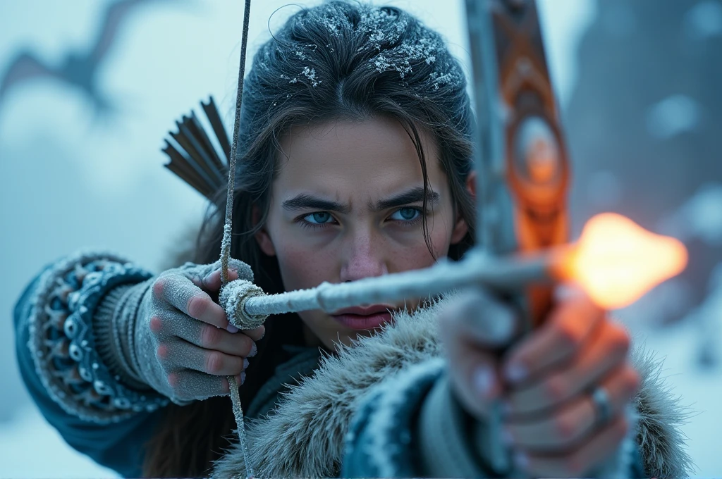 A cinematic, focused close-up shot of an archer from the Ice and Snow Kingdom drawing a glowing, enchanted arrow. The archer's eyes are narrowed in concentration, their breath visible in the cold air. The bow is detailed with frost-covered wood and intricate carvings. The background shows the sky filled with dragons and flying creatures, blurred to keep the focus on the archer. High level of detail and realism to match cinematic quality, capturing the precision and tension of the moment.