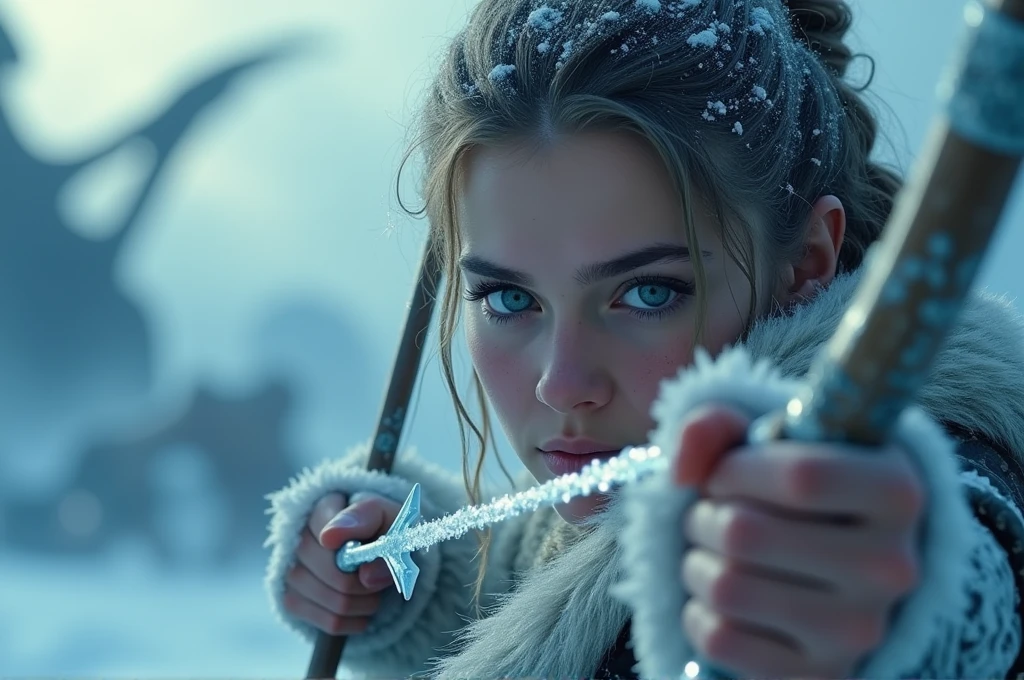 A cinematic, focused close-up shot of an archer from the Ice and Snow Kingdom drawing a glowing, enchanted arrow. The archer's eyes are narrowed in concentration, their breath visible in the cold air. The bow is detailed with frost-covered wood and intricate carvings. The background shows the sky filled with dragons and flying creatures, blurred to keep the focus on the archer. High level of detail and realism to match cinematic quality, capturing the precision and tension of the moment.
