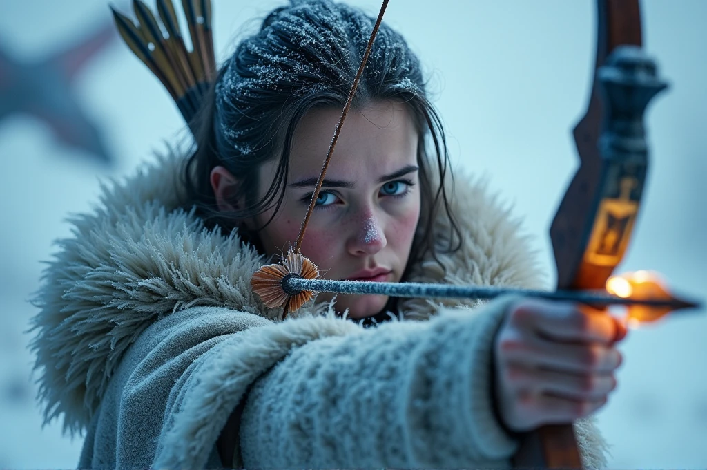 A cinematic, focused close-up shot of an archer from the Ice and Snow Kingdom drawing a glowing, enchanted arrow. The archer's eyes are narrowed in concentration, their breath visible in the cold air. The bow is detailed with frost-covered wood and intricate carvings. The background shows the sky filled with dragons and flying creatures, blurred to keep the focus on the archer. High level of detail and realism to match cinematic quality, capturing the precision and tension of the moment.