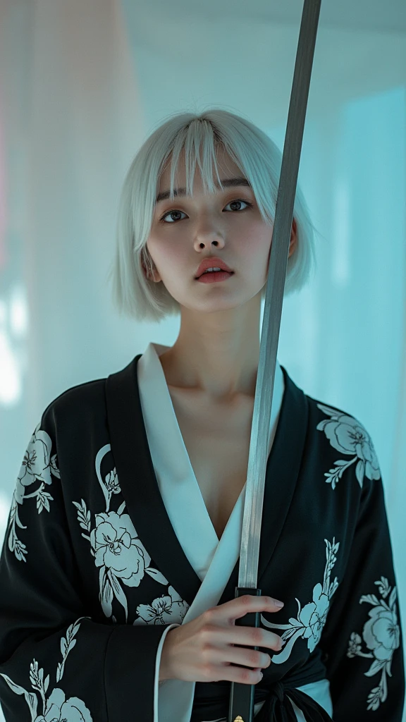 A Korean woman with short, white hair, a beautiful face showing her cleavage, wearing a black and white yukata , (holding a katana:1.2), surrealistic style, pastel tones, mid shot, dramatic light.