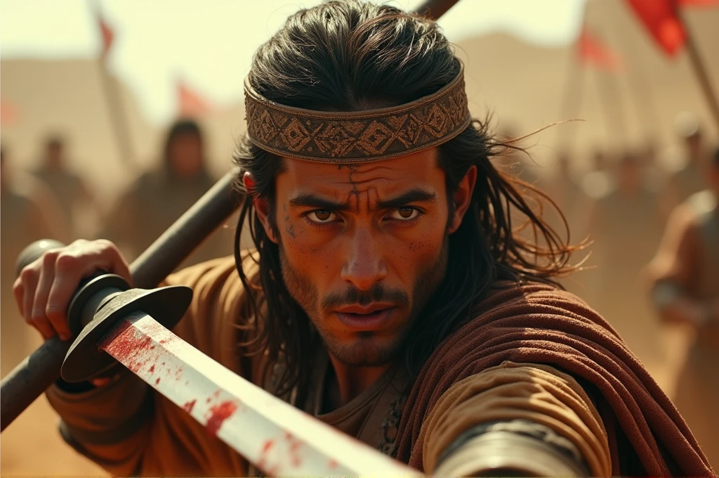A cinematic, close-up shot of a warrior from the Desert Kingdom engaged in fierce combat. Sweat and dirt cover their face, and their eyes are filled with determination. They swing a scimitar with precision, the blade catching the light as it cuts through the air. Blood and grit are visible on the weapon and armor. In the background, the chaos of battle is slightly blurred to emphasize the warrior’s intense focus and effort. High level of detail and realism to match cinematic quality, showcasing the heroism and struggle of the individual combatant.