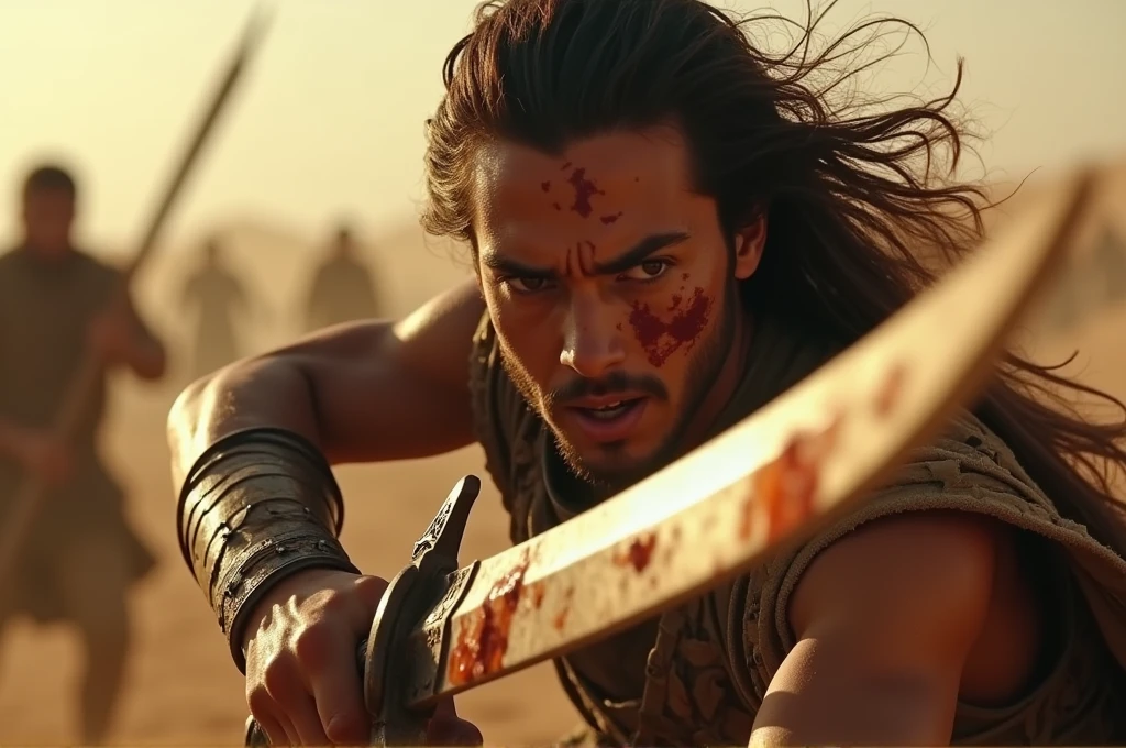 A cinematic, close-up shot of a warrior from the Desert Kingdom engaged in fierce combat. Sweat and dirt cover their face, and their eyes are filled with determination. They swing a scimitar with precision, the blade catching the light as it cuts through the air. Blood and grit are visible on the weapon and armor. In the background, the chaos of battle is slightly blurred to emphasize the warrior’s intense focus and effort. High level of detail and realism to match cinematic quality, showcasing the heroism and struggle of the individual combatant.