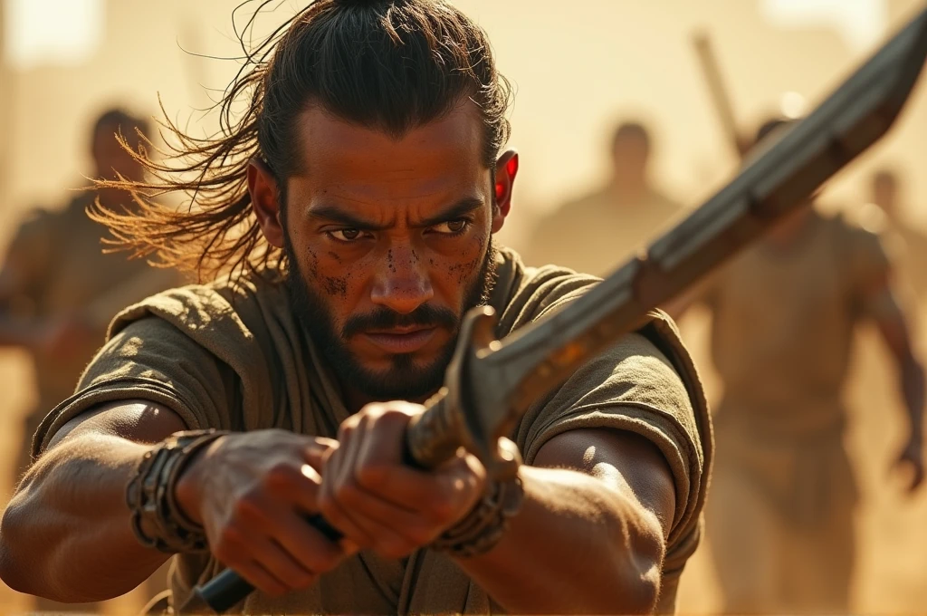A cinematic, close-up shot of a warrior from the Desert Kingdom engaged in fierce combat. Sweat and dirt cover their face, and their eyes are filled with determination. They swing a scimitar with precision, the blade catching the light as it cuts through the air. Blood and grit are visible on the weapon and armor. In the background, the chaos of battle is slightly blurred to emphasize the warrior’s intense focus and effort. High level of detail and realism to match cinematic quality, showcasing the heroism and struggle of the individual combatant.