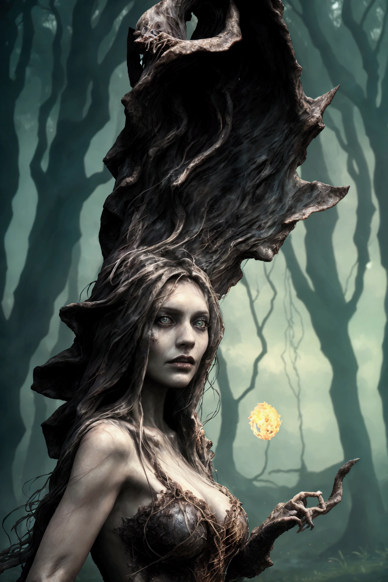 1 female beautieful witch at a bonfire, cloaked, floating in the wind, night scene, creepy trees, masterpiece, 4k, high detailed, dark fantasy