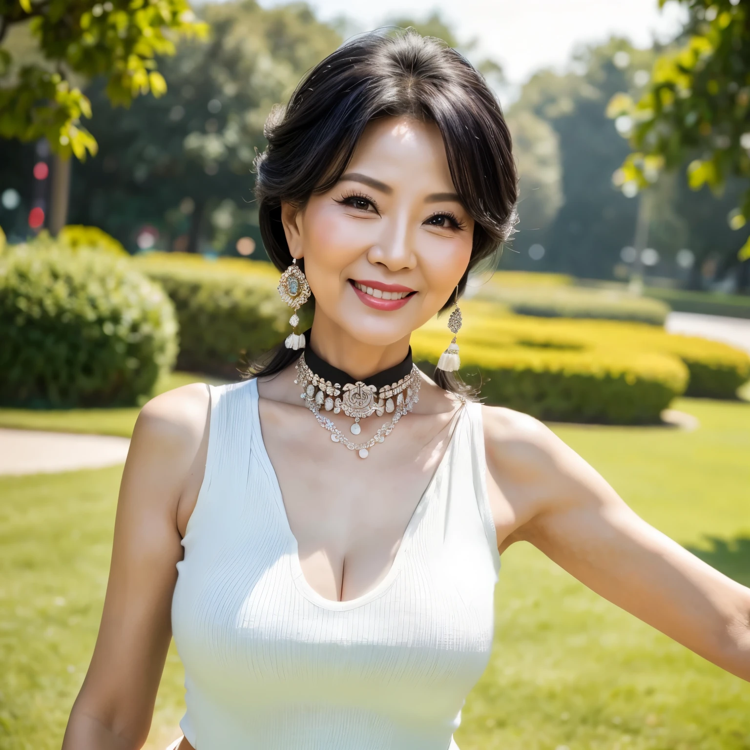 75 years old mom milf Chinese Lady large earring Big choker navel piercing decoration A bracelet Silver Hair realisitic Gorgeous Madame Beautiful Mature Woman sexly Smile Gentle woman navel piercing 4K High quality gorgeous madam beautiful mature woman summer
