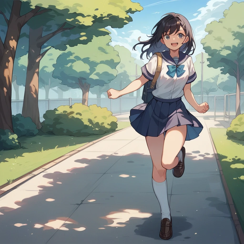 high school girl、uniform、skirt、Knee-high socks、loafers、running、whole body、Tree-lined street、smile、Long Black Hair