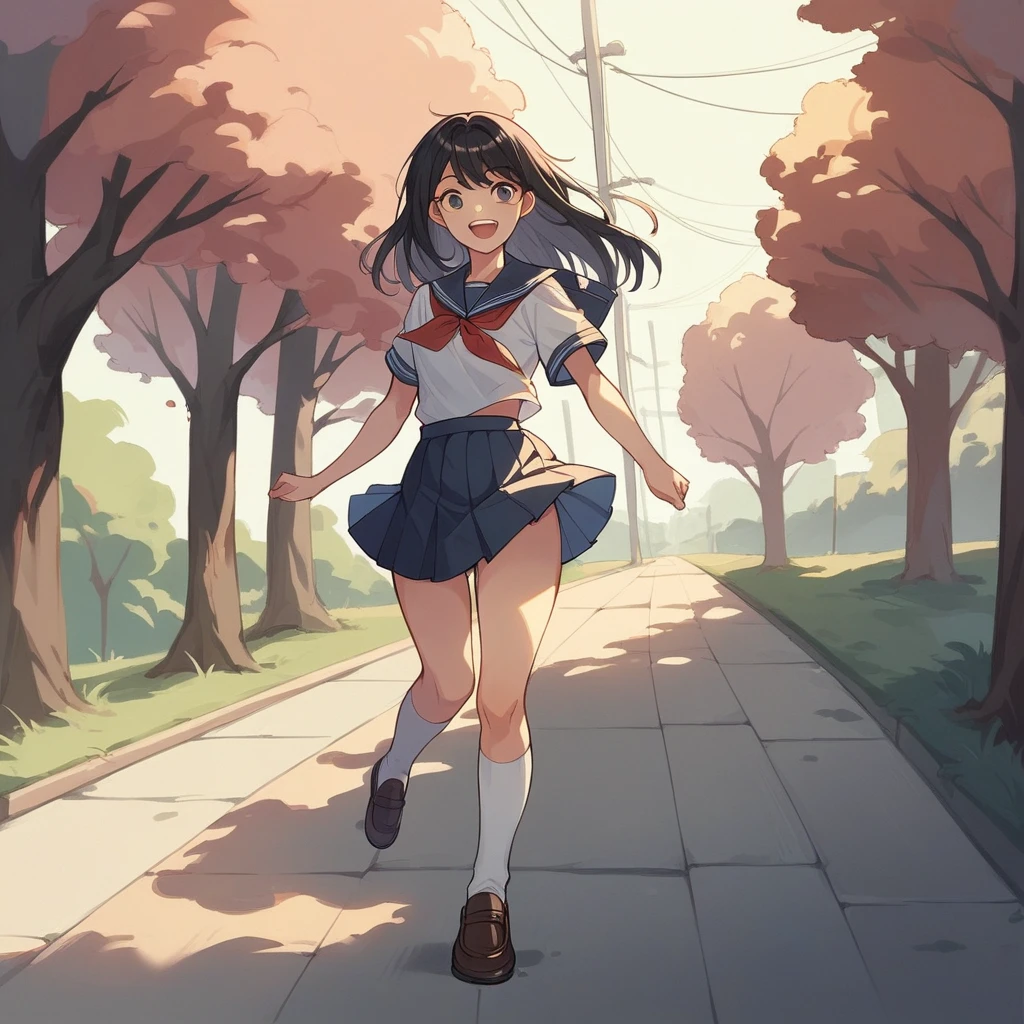 high school girl、uniform、skirt、Knee-high socks、loafers、running、whole body、Tree-lined street、smile、Long Black Hair