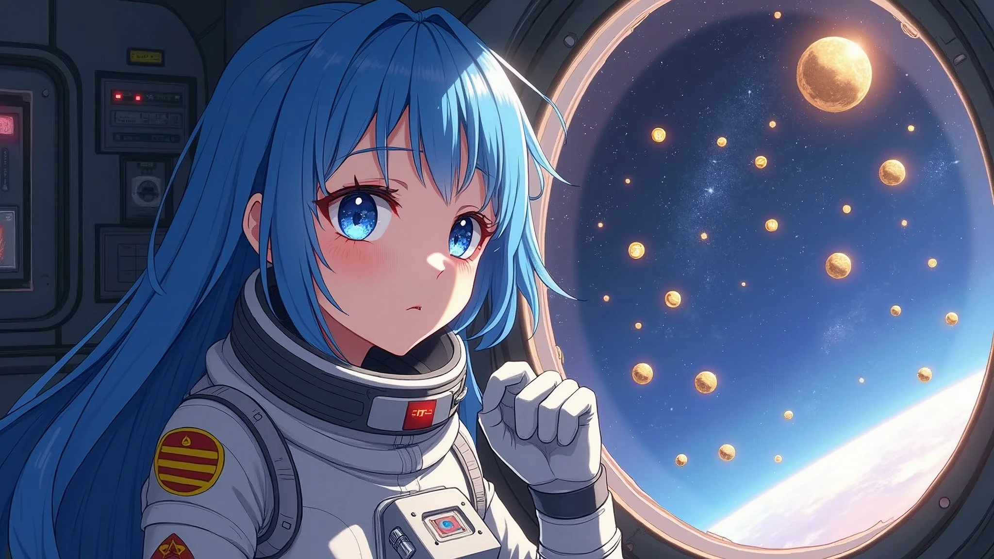 A sexy girl with blue eyes and long blue hair wearing space suit in a spaceship's cockpit. Floating in the air, while looking at a galaxy made with gold and coins through a window. She's very beautiful and cute, her lips is soft pink, her hands is perfect and her eyes is very detail. Anime style, Japanese artist, high definition, masterpiece, best quality, high resolution, detail lighting and shadow.