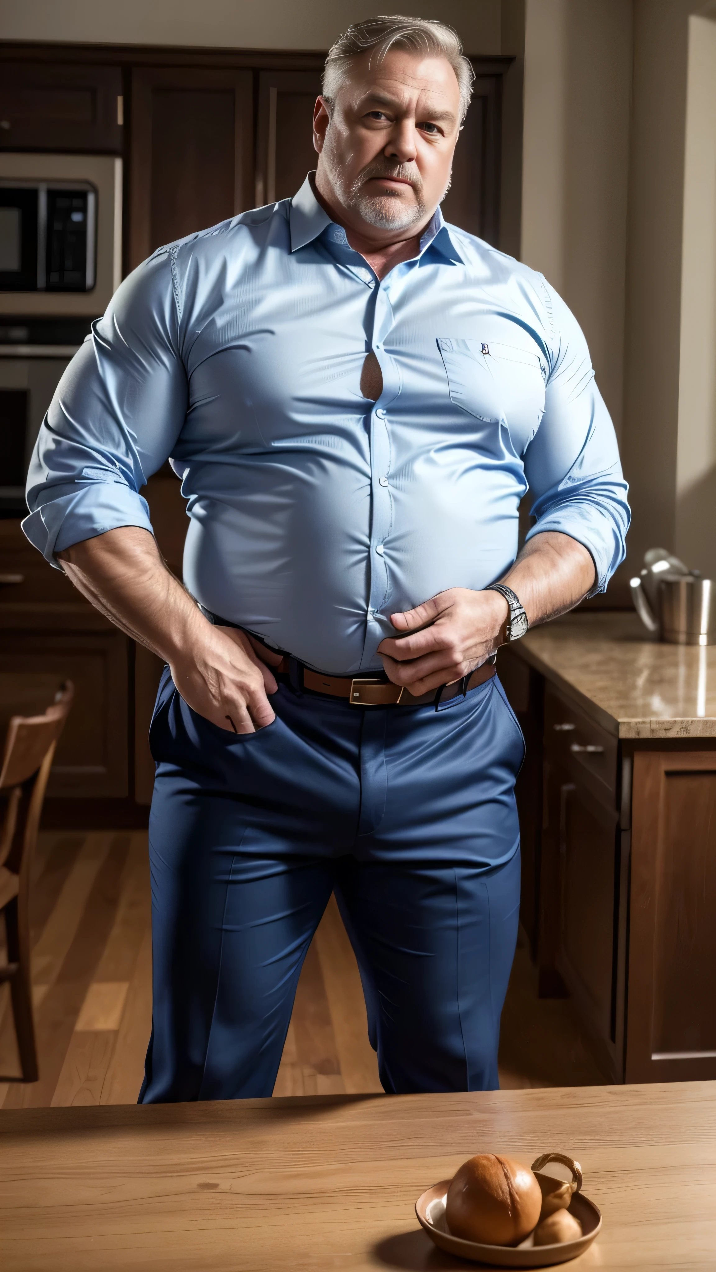 (best quality,4k,8k,highres,masterpiece:1.2), age 60, white man detective , horny disgusting, muscular chubby, kind, open blue shirt , mature daddy, Dress Pants with big hard bulge, hairy chest hard nipple, belt, loafer,