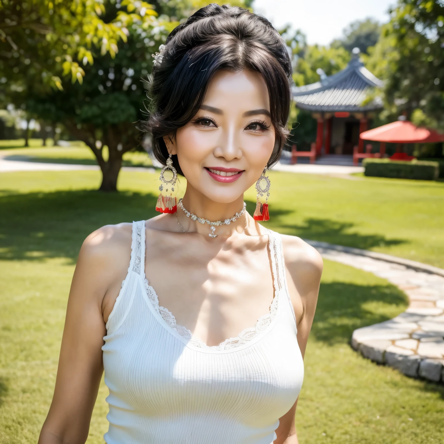 75 years old Mom MILF Chinese Lady large earring Big choker navel piercing decoration A bracelet Silver Hair realisitic Gorgeous Madame Beautiful Mature Woman sexy Smile Gentle woman navel piercing 4K High quality ブラトップ 脇の下 手は上に