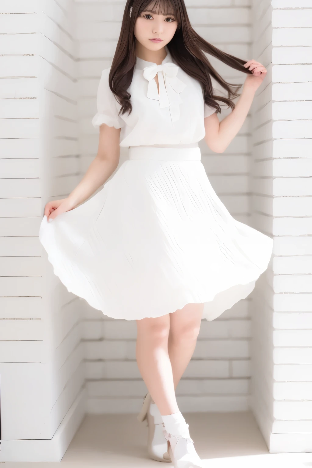 (masterpiece), (最high quality), (Very detailedな), (Best Shadow), (photoRealistic:1.4), Frilled blouse, skirt, white ankle socks, (((((A long shot of a woman walking slowly))))), high quality, masterpiece, Very detailedな, High resolution, 4K, 超High resolution, Detailed Shadows, Ultra-realistic, Dramatic lighting, One Girl, alone, Detailed face, Realistic eyes, Realistic Skin, Dynamic Hair, Dynamic pose, Dynamic Angle, White floral dress, White Background, Urzan-6500-v1.1, (RAW Photos:1.2), ( Realistic:1.4), Beautiful detailed girl, Very detailed eyes and face, Beautiful attention to detail, Ridiculous, incredibly Ridiculous, Large file size, Very detailedな, High resolution, Very detailed, 最high quality, (Bright interior), (Soft Light), (Low contrast), (Shallow depth of field), (portrait of a beautiful woman illuminated by gentle light), (Very delicate and elegant depiction), (Short bangs), (Hair color is dark chestnut with a slight brown tinge), (Hair with subtle and gentle waves), (Small, intricate braids on the side of long hair), (Decorated with thin ribbons), ( White blouse with small frills), (bow tie), (青いロングskirt), (White short ankle socks), shape, Very detailed, CG, Unified, 8k wallpaper, wonderful, Finer details, 最high quality, Very detailed CG Unified 8k wallpaper, Face Light, Cinema Lighting, One Girl, 16 years old,
