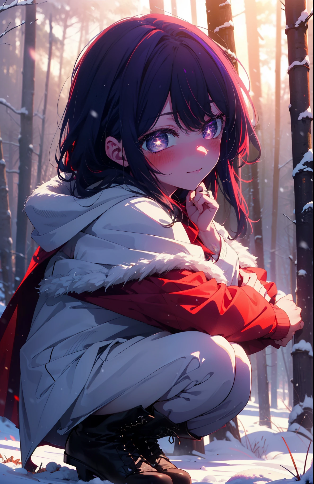 aihoshino, Ai Hoshino, Long Hair, bangs, (Purple eyes:1.1), Purple Hair, (Symbol-shaped pupil:1.5), smile,,smile,blush,white breath,
Open your mouth,snow,Ground bonfire, Outdoor, boots, snowing, From the side, wood, suitcase, Cape, Blurred, , forest, White handbag, nature,  Squat, Mouth closed, Cape, winter, Written boundary depth, Black shoes, red Cape break looking at viewer, Upper Body, whole body, break Outdoor, forest, nature, break (masterpiece:1.2), Highest quality, High resolution, unity 8k wallpaper, (shape:0.8), (Beautiful and beautiful eyes:1.6), Highly detailed face, Perfect lighting, Highly detailed CG, (Perfect hands, Perfect Anatomy),