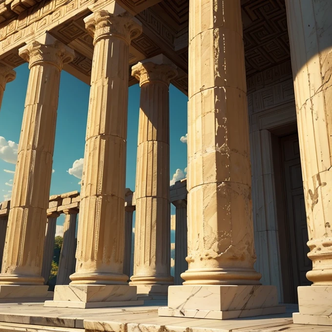 a stunning ancient greek temple, ornate greek columns, detailed marble architecture, intricate stone carvings, lush green foliage, dramatic lighting, soft golden hour lighting, warm color palette, photorealistic, 8k, hyper detailed, cinematic composition, masterpiece