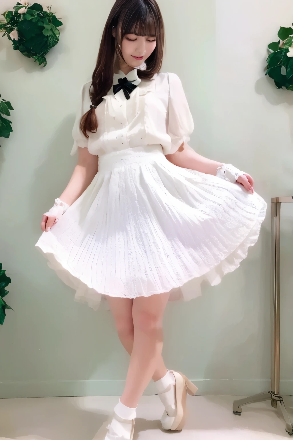 (masterpiece), (最high quality), (Very detailedな), (Best Shadow), (photoRealistic:1.4), Frilled blouse, skirt, white ankle socks, (((((A long shot of a woman walking slowly))))), high quality, masterpiece, Very detailedな, High resolution, 4K, 超High resolution, Detailed Shadows, Ultra-realistic, Dramatic lighting, One Girl, alone, Detailed face, Realistic eyes, Realistic Skin, Dynamic Hair, Dynamic pose, Dynamic Angle, White floral dress, White Background, Urzan-6500-v1.1, (RAW Photos:1.2), ( Realistic:1.4), Beautiful detailed girl, Very detailed eyes and face, Beautiful attention to detail, Ridiculous, incredibly Ridiculous, Large file size, Very detailedな, High resolution, Very detailed, 最high quality, (Bright interior), (Soft Light), (Low contrast), (Shallow depth of field), (portrait of a beautiful woman illuminated by gentle light), (Very delicate and elegant depiction), (Short bangs), (Hair color is dark chestnut with a slight brown tinge), (Hair with subtle and gentle waves), (Small, intricate braids on the side of long hair), (Decorated with thin ribbons), ( White blouse with small frills), (bow tie), (青いロングskirt), (White short ankle socks), shape, Very detailed, CG, Unified, 8k wallpaper, wonderful, Finer details, 最high quality, Very detailed CG Unified 8k wallpaper, Face Light, Cinema Lighting, One Girl, 16 years old,