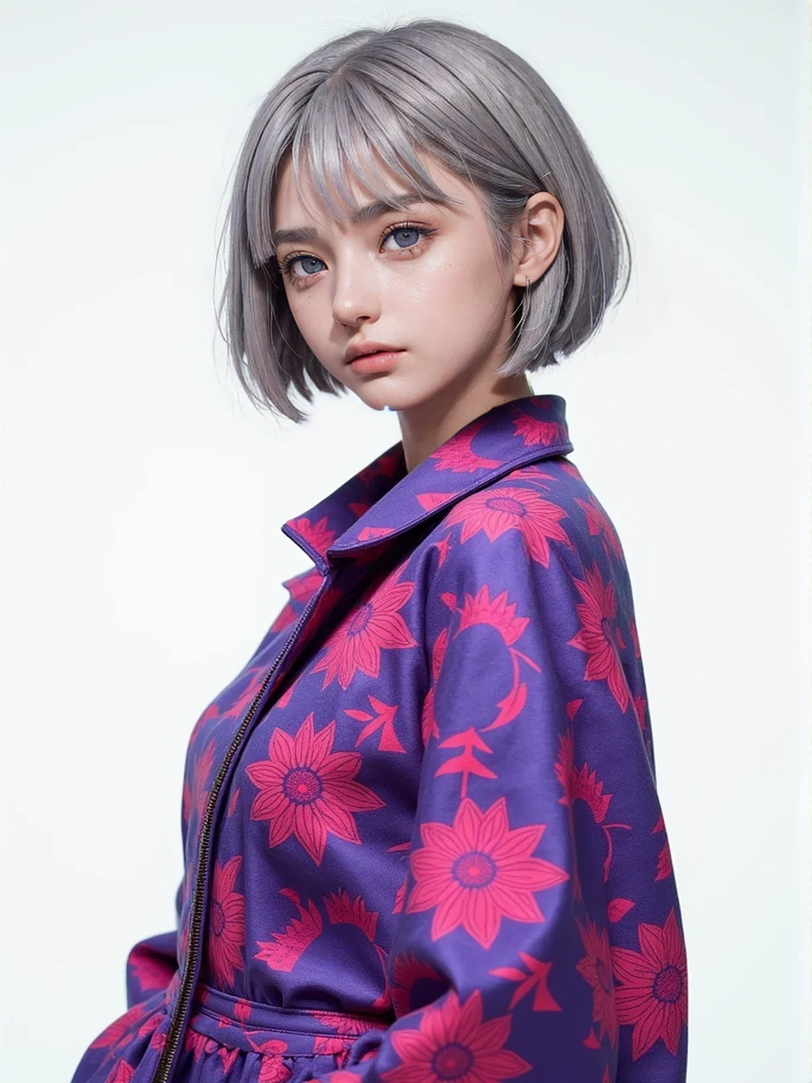 (RAW photo, best quality, masterpiece: 1.2), (photorealistic: 1.4), best lighting, 20 years old, (detail face, detail eyes, light gray eyes, light gray hair, short straight bob cut, Symmetrical eyes :1.3)