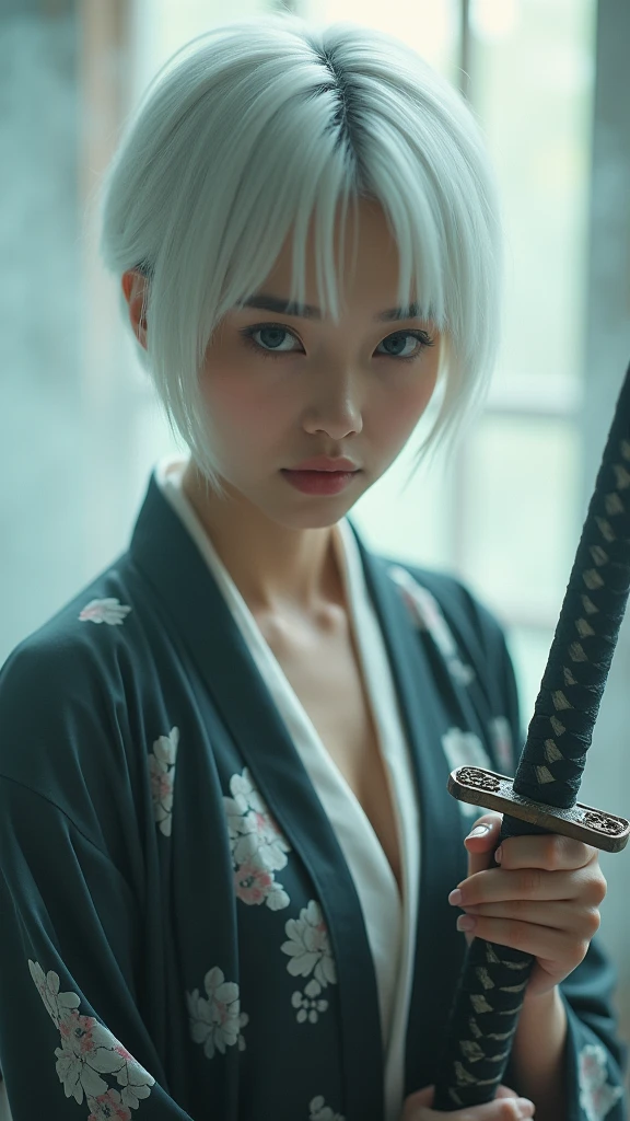 A Korean woman with short, white hair, a beautiful face showing her cleavage, wearing a black and white yukata , (holding a katana:1.2), surrealistic style, pastel tones, mid shot, dramatic light.