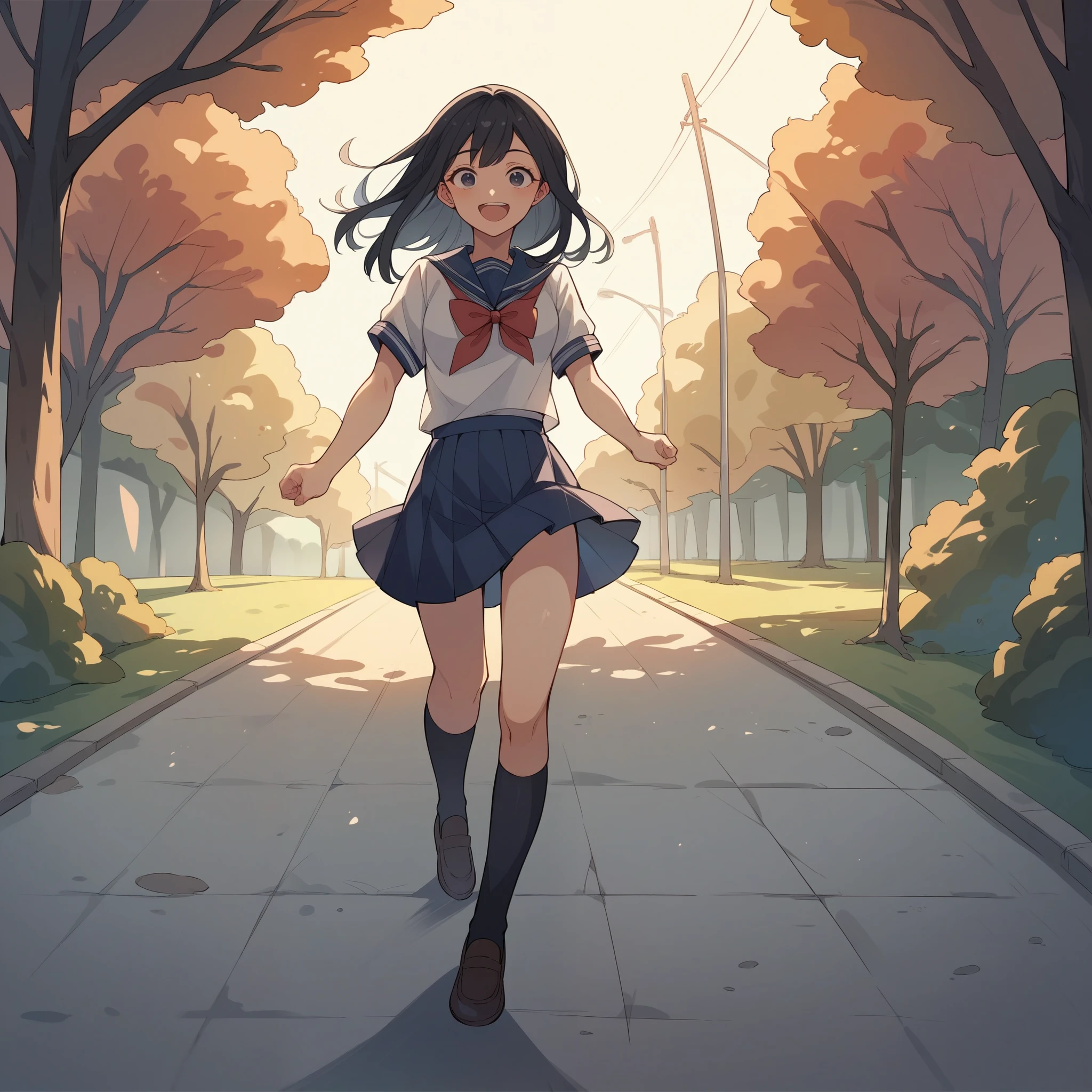 high school girl、uniform、skirt、Knee-high socks、loafers、running、whole body、Tree-lined street、smile、Long Black Hair