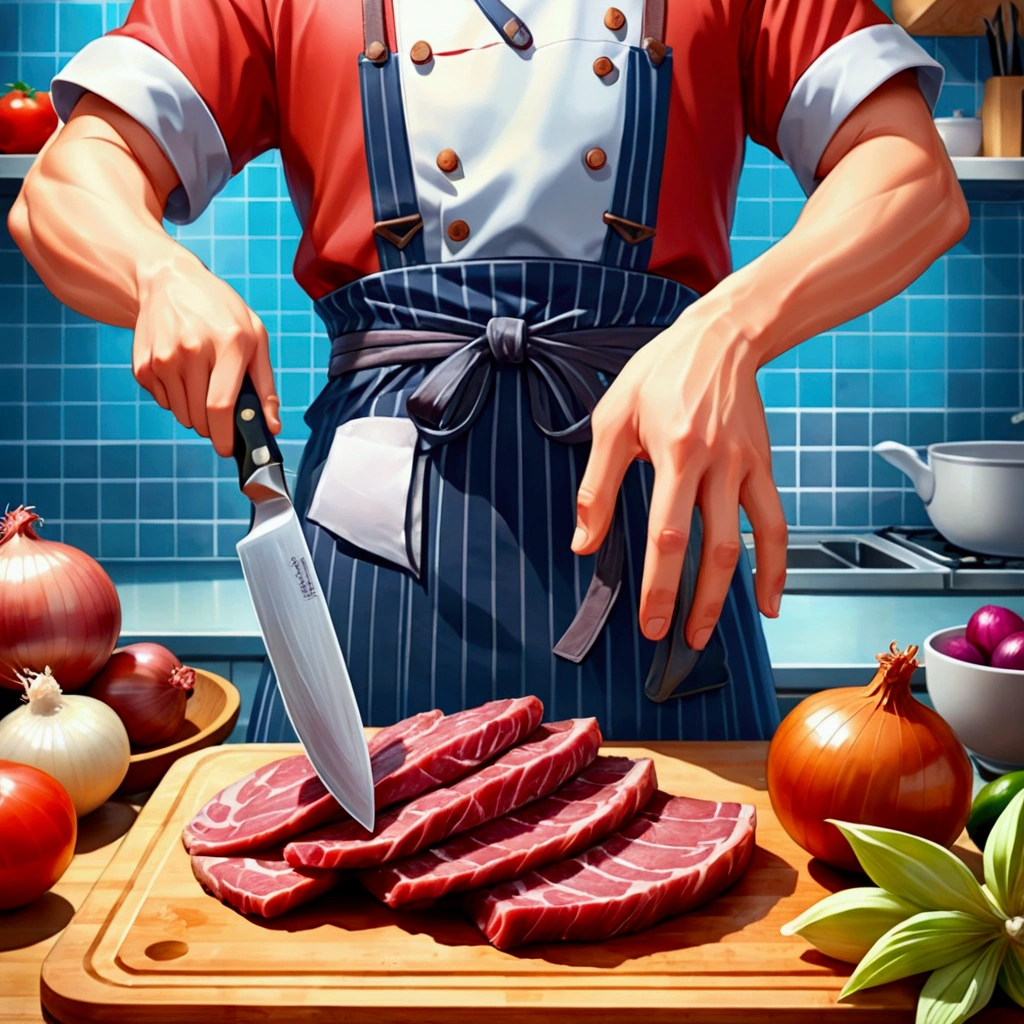 anime style butcher cutting board,knife,food,kitchen knife,male focus,独奏,holding knife,Meat,holding,1boy,onion,(Food close-ups:1.1),