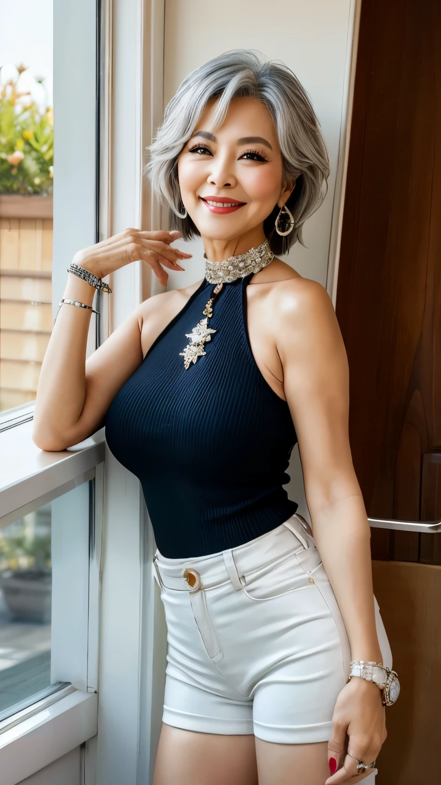 79 years old Mom MILF Korean, Lady large earring Big choker navel piercing decoration A bracelet Silver Hair realisitic Gorgeous Madame Beautiful Mature Woman sexy Smile Gentle woman navel piercing 4K High quality ノースリーブ