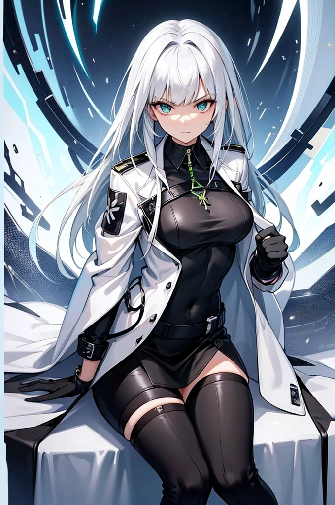 Create an image of Kal'tsit from Arknights. Kal'tsit is a tall, slender woman with an air of authority and grace. She has long, flowing silver hair that reaches her waist, often seen with a few loose strands framing her face. Her eyes are a striking emerald green, exuding wisdom and a calm intensity.
Her facial features are sharp and refined, with high cheekbones, a straight nose, and a slightly pointed chin. She has a composed and serene expression, rarely showing strong emotions, which adds to her mysterious and enigmatic aura.
Kal'tsit's outfit is a blend of futuristic and medical aesthetics. She wears a long white lab coat with black accents, which reaches down to her ankles. Underneath, she has a fitted black bodysuit that emphasizes her slim figure. The bodysuit is decorated with various technological elements, including glowing lines and symbols, hinting at her advanced medical knowledge and expertise.
She also wears black gloves that extend to her elbows, and sturdy black boots with silver detailing. Around her waist, she has a utility belt with various medical tools and devices. A distinctive feature of her attire is a choker with a small, glowing pendant.
Kal'tsit's overall appearance should convey a sense of intelligence, authority, and calm, reflecting her role as a senior member of Rhodes Island and a strategic advisor.