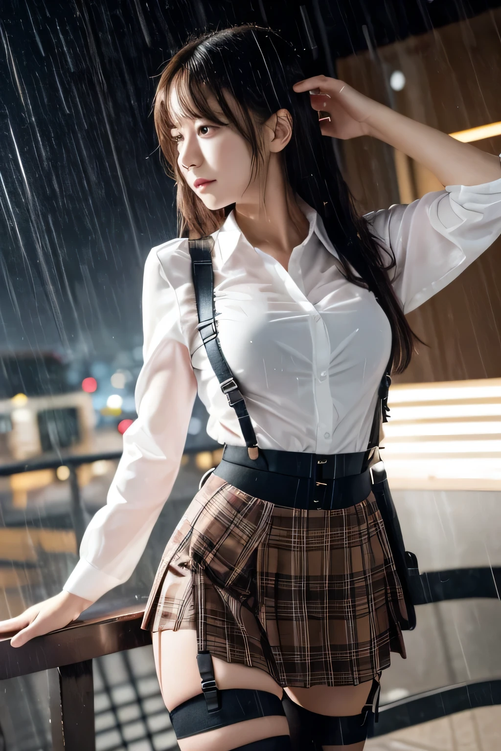1 female, , high quality, masterpiece, Ultra-high resolution, Cinema Lighting, 1 female, , high quality, masterpiece, Ultra-high resolution, , Cinema Lighting, suspenders Moderate breasts Small face Looking up Sweat Thin belt buzzer 脇Sweat Garter belt Belt on pants holster Hands behind your back Looking up Anxious face Knee-high Knee socks Knee-highソックス garter ふとももにGarter belt Checkered mini skirt Panty shot Skirt gap Armament holster holster Hands behind your back Anxious expression Anxious face, legs apart Armament Leg holster holster See-through clothing heavy rain Rain-soaked dress shirt,