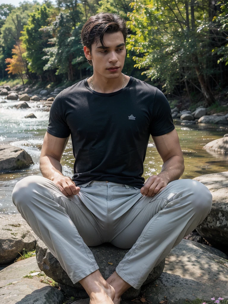 (masterpiece), best quality, realistic, color grading, dynamic light, 4K,
BREAK,
1boy, flat stomatch, light skin, male, black hair, hair style, short hair, full body, athletic guy,
BREAK,
((wearing random tshirt)), closed shirt, full shirt,
BREAK,
((long pants)), full pants, closed pants,
BREAK,
((sitting on a rock with a cool river and forest background)),