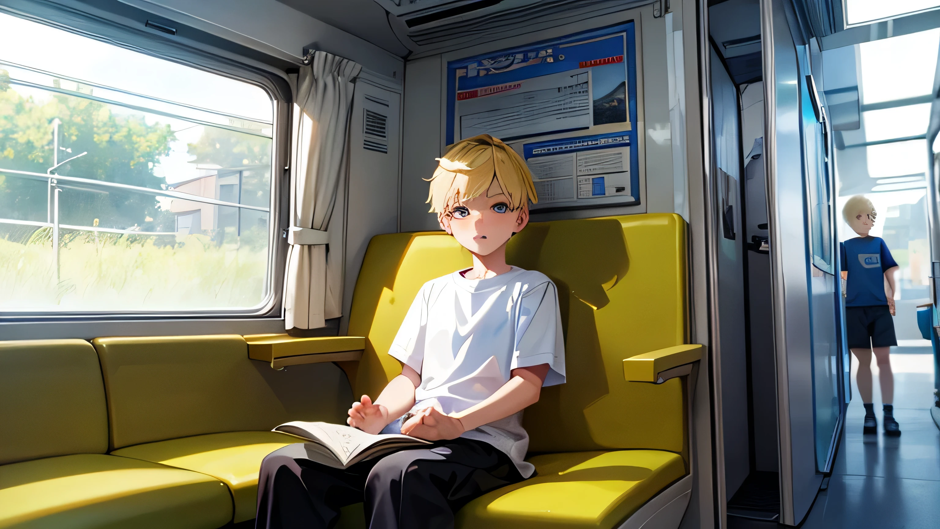 a blond boy of in a white T-shirt sits in the carriage of a modern electric train