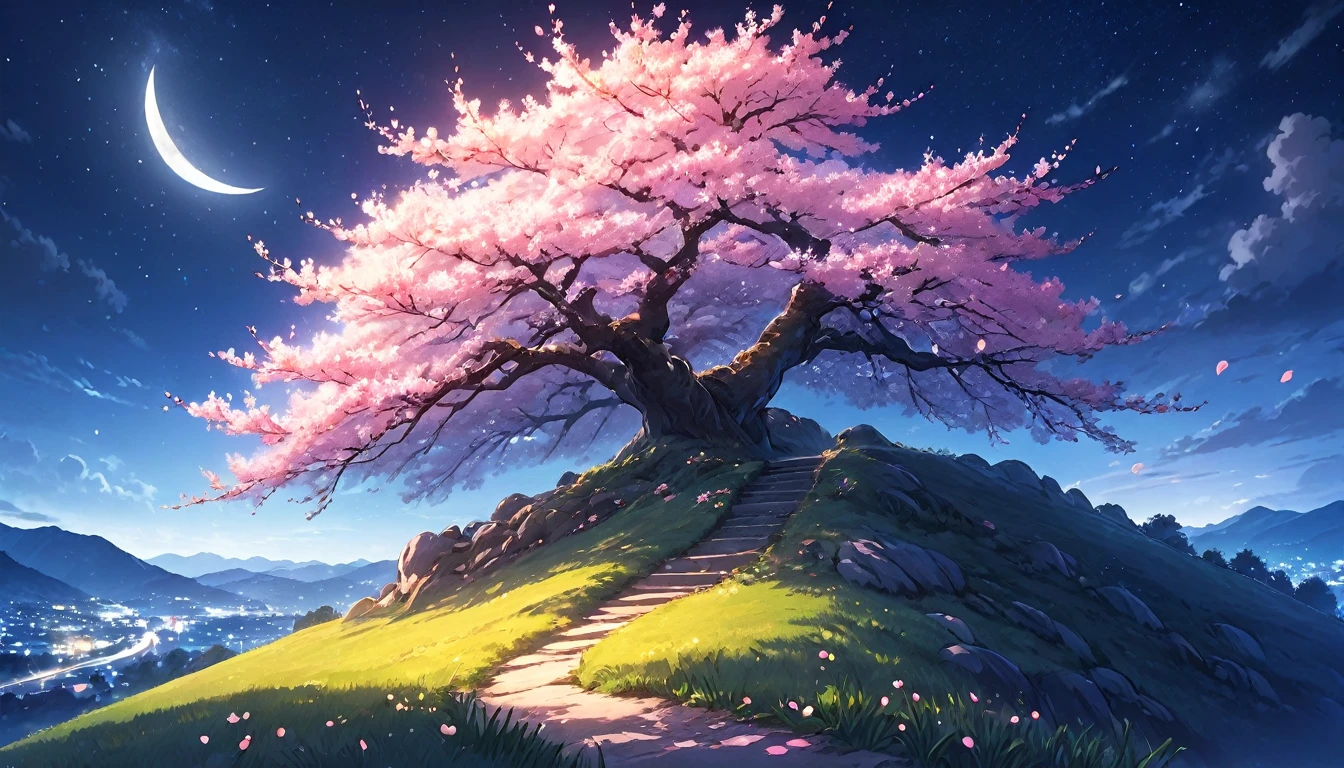 a beautiful cherry blossom tree on a hill at night, small moon, stunning scenery, anime style, detailed digital painting, vibrant colors, dramatic lighting, photorealistic, 8k, best quality, masterpiece