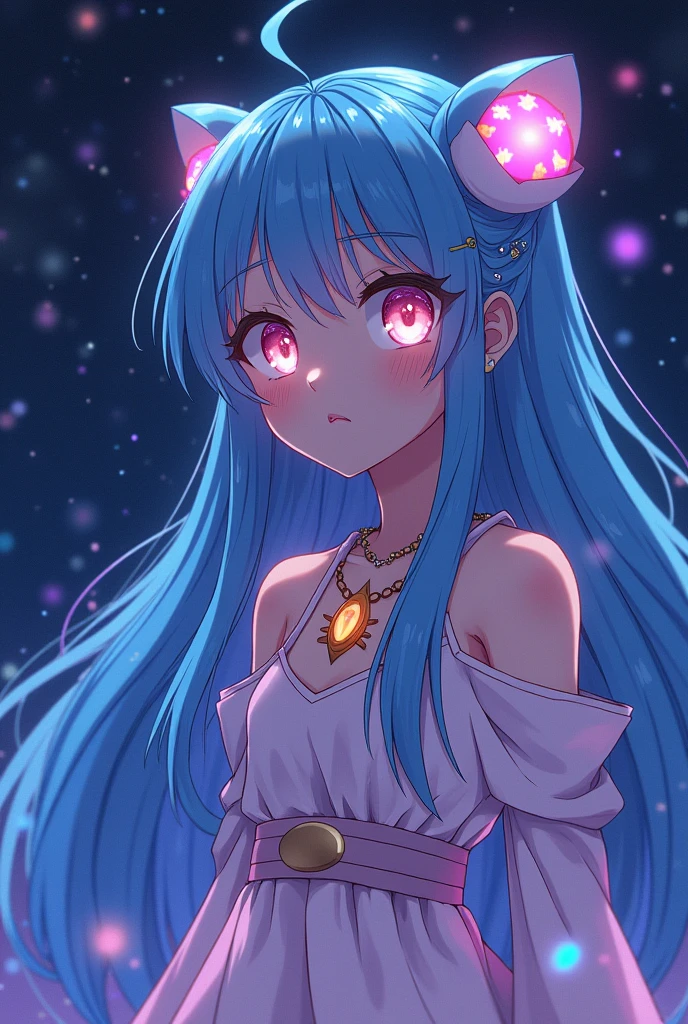 Anime studio Ghibli, cute cosmic goddess, glowing eyes, iridescent, hypnotic, ultra-detailed, waist-up, maximalist