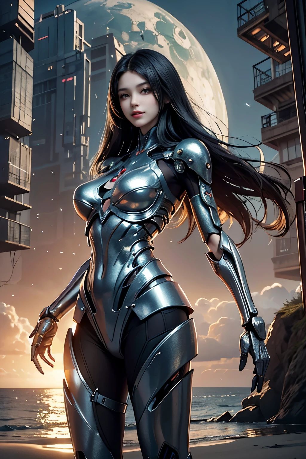 Best quality, delicate face, 17-year-old girl, slender body, body made of metal, plump breasts, light smile, metal structural skeleton, seaside, standing posture, beach, huge spaceship floating in the air, cyberpunk, sci-fi