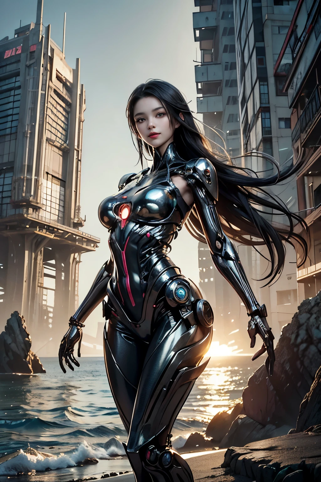 Best quality, delicate face, -yeld gi slender body, body made of metal, plump breasts, light smile, metal structural skeleton, seaside, standing posture, beach, huge spaceship floating in the air, cyberpunk, sci-fi