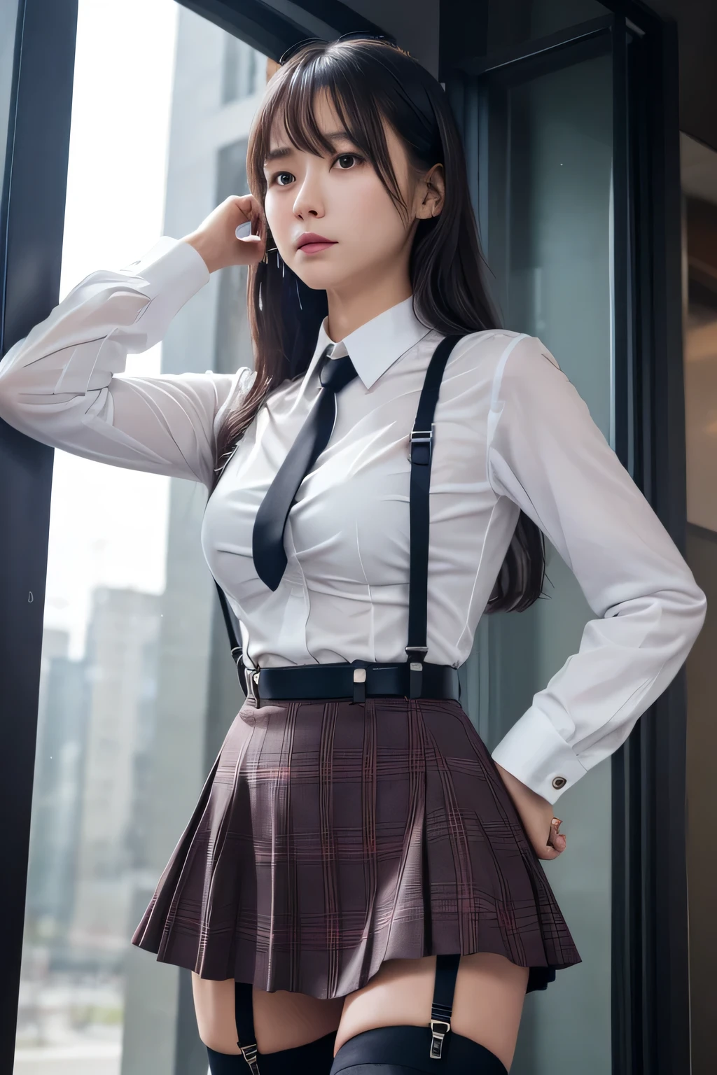 (In 8K、RAW Photos、Highest quality、Realistic、Realistic、Professional Lighting、masterpiece、Very delicate and beautiful、Very detailed、finely、Very detailedな、High resolution、Full Shot)、software、Classroom scenario、1 girl、Beautiful woman(Woman 1)、Tie your hands behind your back、bondage、She is wearing a white shirt and a tight mini skirt.、Beautiful Face:1.5、Slim figure、Big Breasts、Wide Hips、Restraints、She is standing、Looking at the audience、
